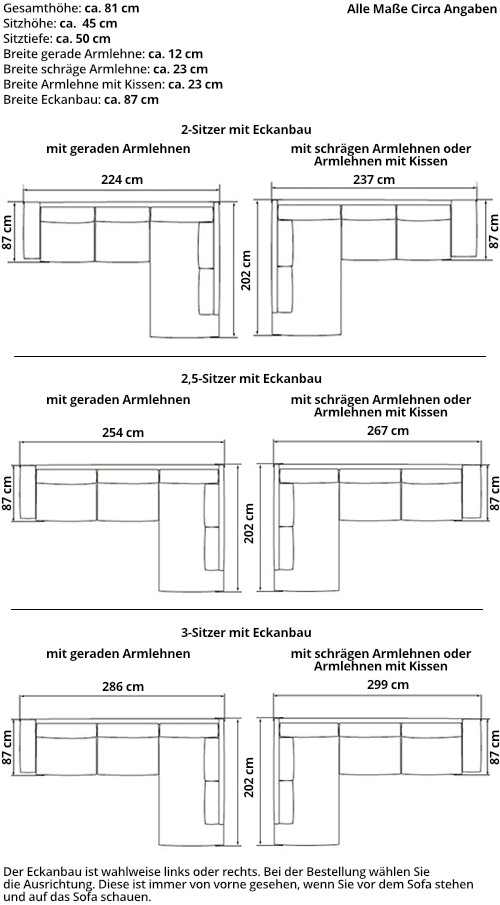 TRONDHEIM Ecksofa mit Eckanbau von sofaplus Maße