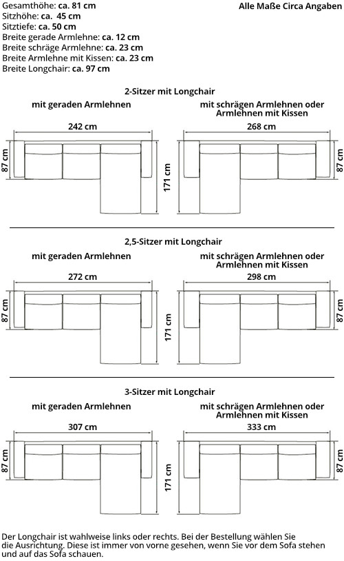 TRONDHEIM Ecksofa mit Longchair von sofaplus Maße