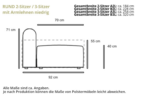 RUND 2-Sitzer & 3-Sitzer Sofa - niedrige Armlehnen - von Tenksom